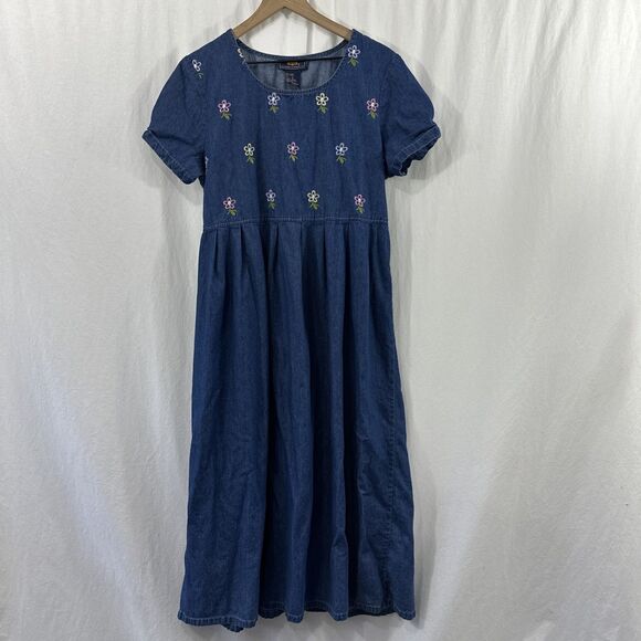 Route 66 Vintage Chambray Denim Embroidered Floral Maxi Dress Womens Size L - Picture 1 of 7